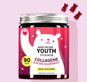 Confezione di integratore "Born This Way" di Bears with Benefits, contenente peptidi di collagene Verisol®, coenzima Q10 e acido ialuronico per supportare la bellezza della pelle.