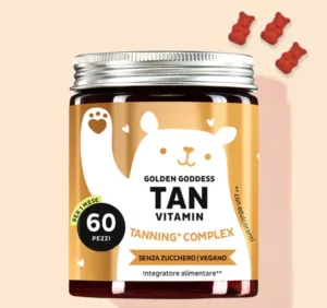 Confezione di integratore "Golden Goddess Tan Vitamin" di Bears with Benefits, contenente beta-carotene per favorire un'abbronzatura sana e naturale.