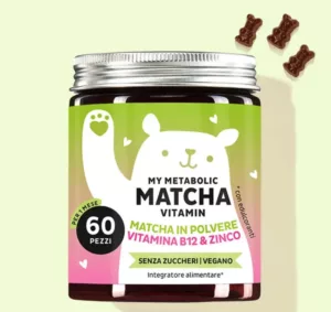 Confezione di integratore "My Metabolic Matcha" di Bears with Benefits, contenente polvere di matcha, vitamina B12 e zinco per supportare il metabolismo e la salute intestinale.