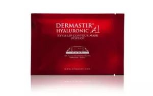 Maschera ialuronica post-operatoria Dermastir per contorno occhi e labbra, con immagini del prodotto e del trattamento.